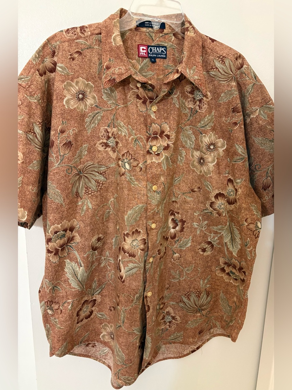 VINTAGE Chaps Ralph Lauren Brown Floral Short-Sleeve Button-Down Shirt Men Sz:XL